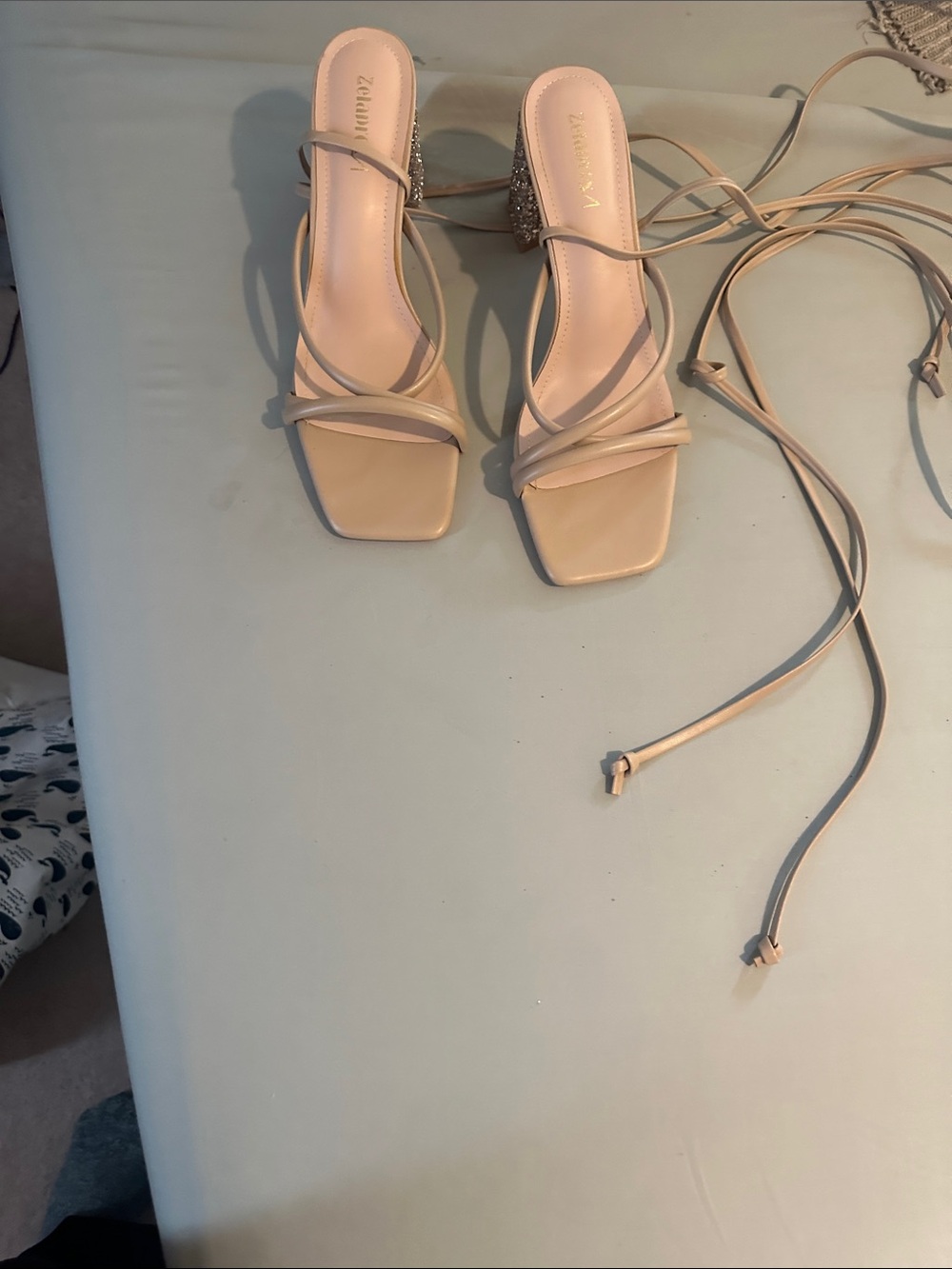 Tie-Up Strappy Sandals in Beige with Embellished Block Heel
